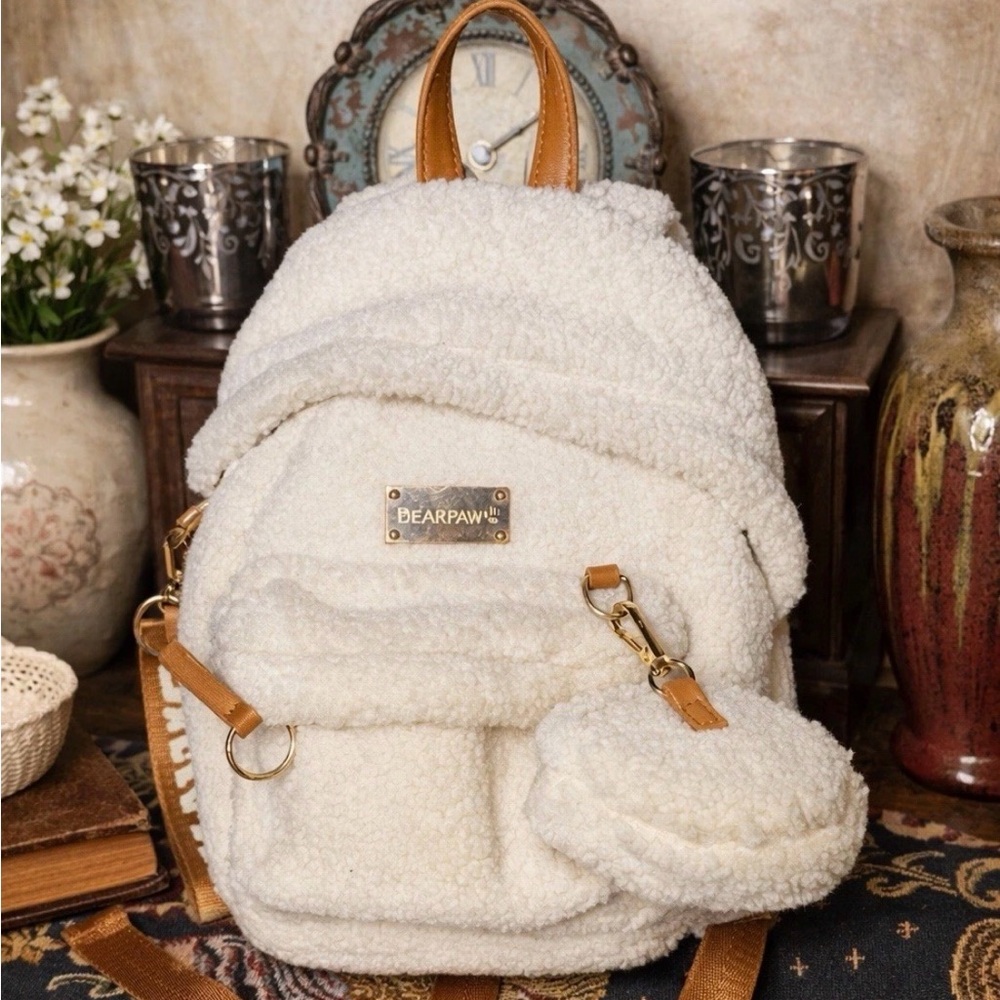 BearPaw Cream Sherpa Backpack with Tan Trim and Mini Pouch